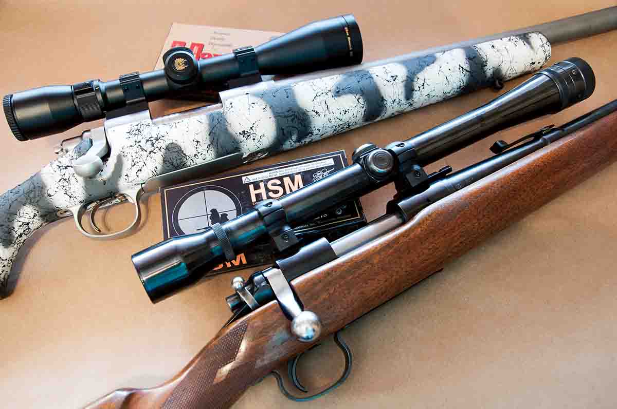 The Model 722 .222 Remington with a 26-inch barrel features an original Weaver K-10 scope and was probably used for benchrest shooting. Above it is a 700 .22-250 coyote rifle with a heavy barrel and a 1:8 twist made by Danny Pedersen of Classic Barrel & Gunworks in Prescott, Arizona. The stock is by H-S Precision, and the scope is a trusted 3-9x 40mm Nikon Monarch UCC.